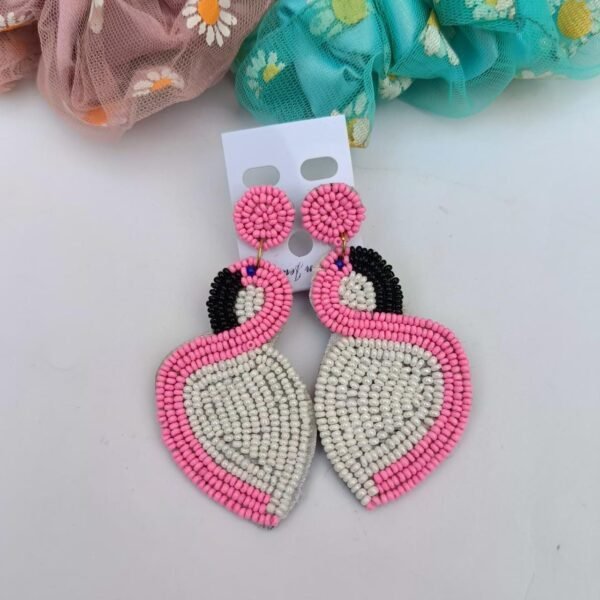 Pink-White-Flamingo-Embroidered Earrings