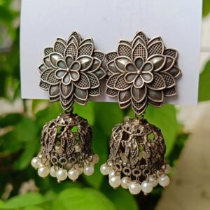 Black-Flower-German-silver-brass-base-Jhumki