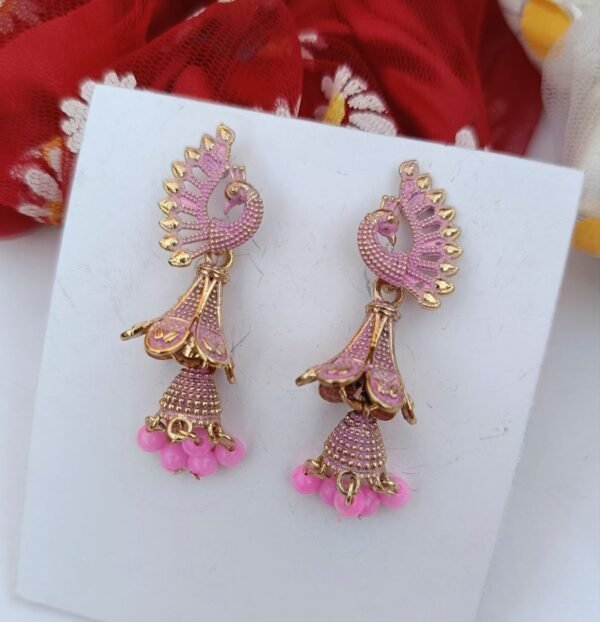 Pink-Peacock-Golden-Earrings