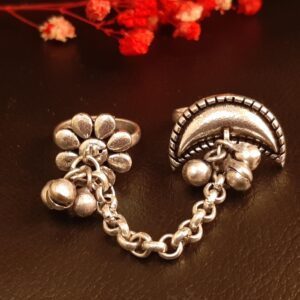 German-Silver-Brass-Moon-Flower-Chain-Ring-(Adjustable)