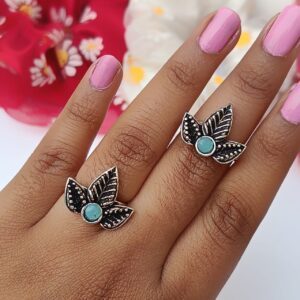 Brass-Base-Blue-Leaf-Rings-(pack of 2)-(Adjustable)