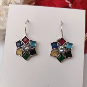 German Silver Brass Base-Hook-Flower-Multi-Stone-Earrings